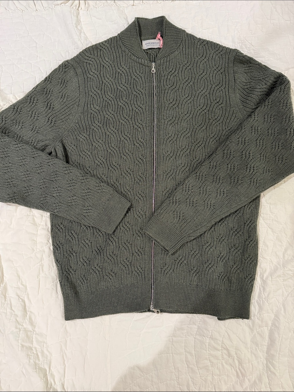 John Smedley Olive Green Zip-Up Cable Knit Sweater
